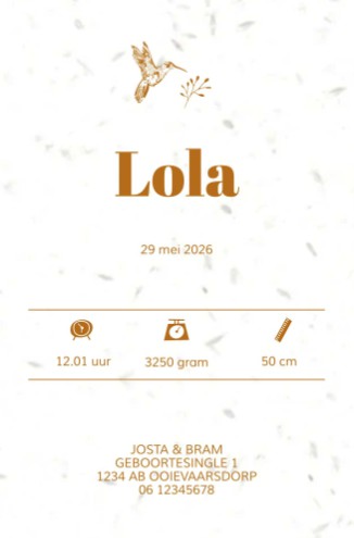 Geboortekaartje groeipapier typografisch met vogel en takje - Lola