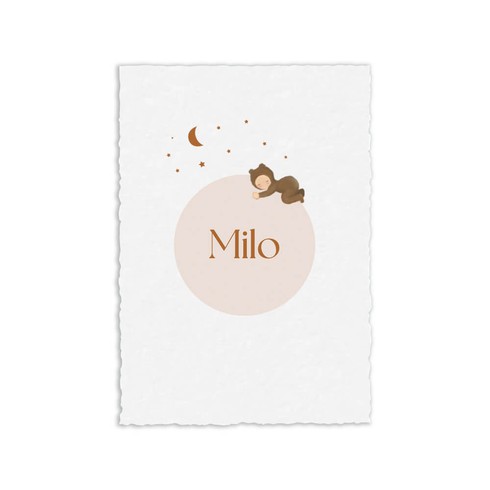 Geboortekaartje illustratie van baby met maan en sterren op handgeschept papier - Milo