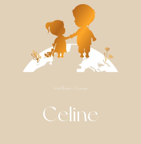 Geboortekaartje meisje in unieke vorm met grote broer silhouet op wereldbol met koperfolie - Celine