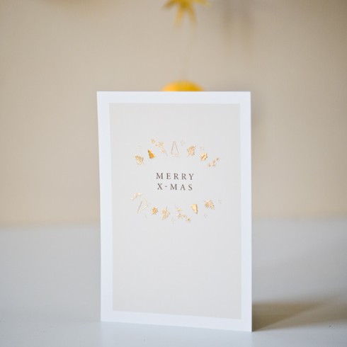 Kerstkaart Merry X-mas Leaves goudfolie